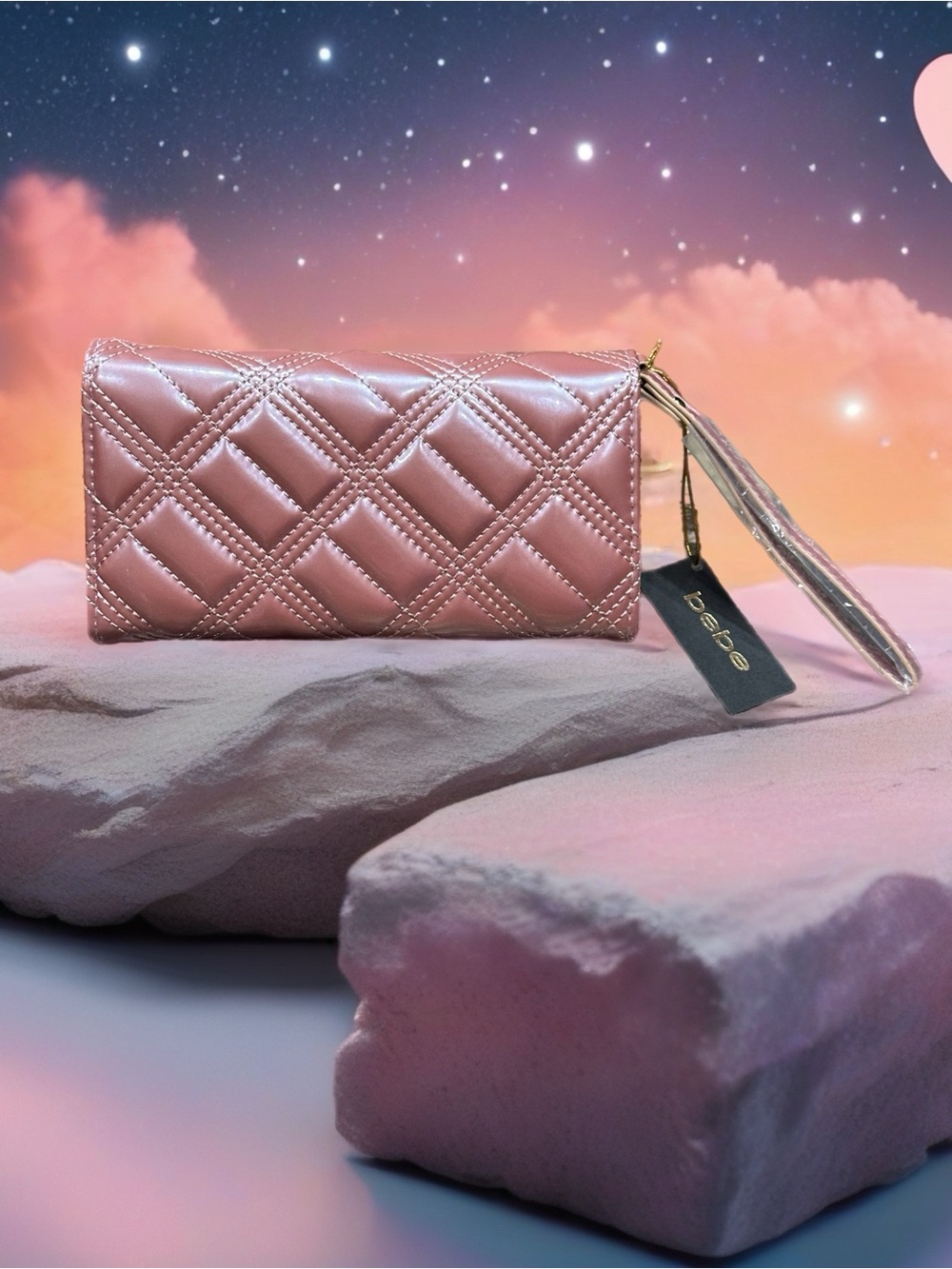 bebe Quilted Metallic Rose Pink Wallet Wristlet - Picture 2 of 4